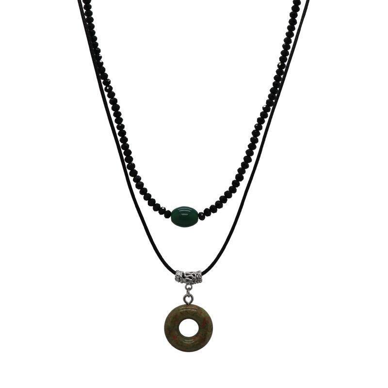 Vintage Handmade Double Layer Necklace with Natural Stone Circle Pendant - Retro Ethnic Style for Women