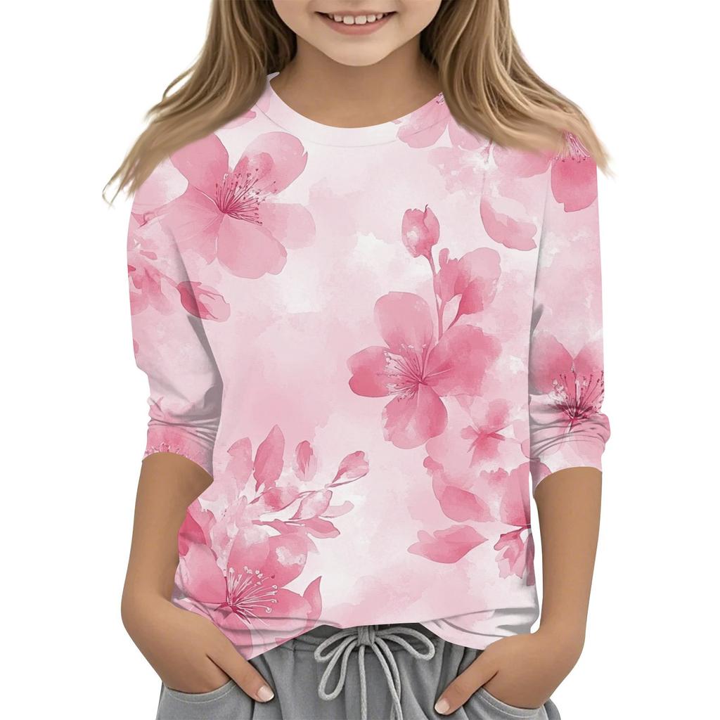 Camiseta infantil estampada com mangas 3/4 e gola redonda casual para o dia a dia