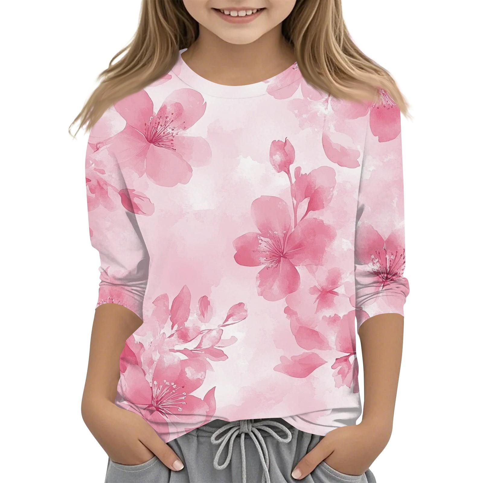 

Children s 3/4 Sleeves Printed O-neck Top Everyday Casual T-shirt 160 рожевий