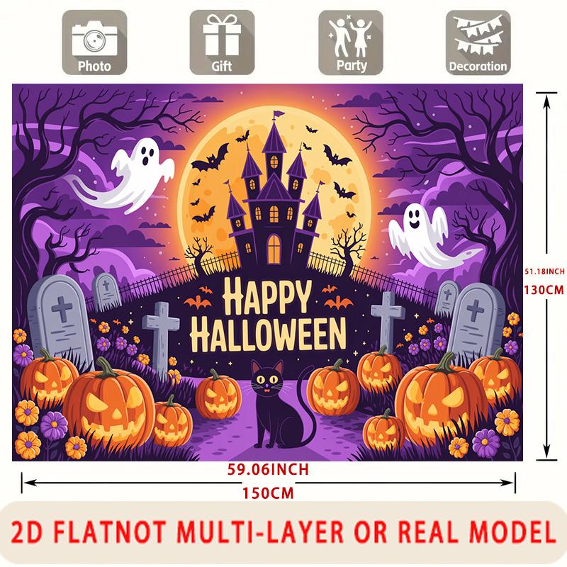 Party Backdrop Halloween Castle Black Flat Ghosts Pumpkins Spooky Multi Layered Event Backdrop Decoration Front Door Decor