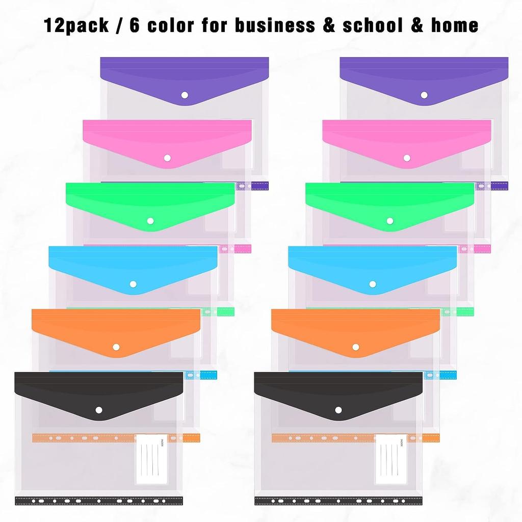 12pcs A4 Binder Pocket Plastic Envelopes Binder Folders, 11 Holes Expandable Binder Folders Document Pouch with Snap Button & Label Loose-Leaf
