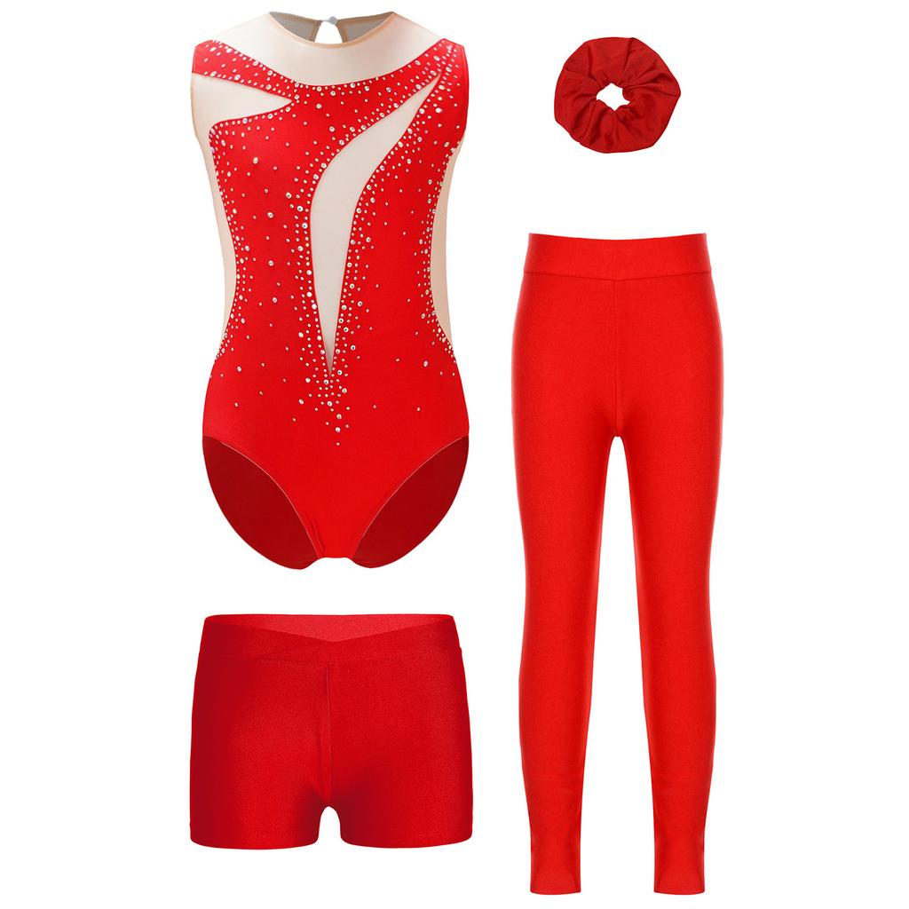 Mädchen Glitzer Strass Turnen Leotard Set Bund Shorts Leggings Kopfbedeckung Eiskunstlauf Outfit