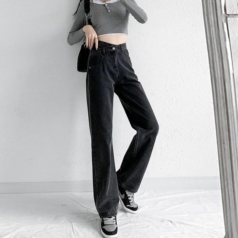 Damen High-Waist Unregelmäßiger Drapierung Weitbeinige Gerade Jeans mit Schrägschnalle