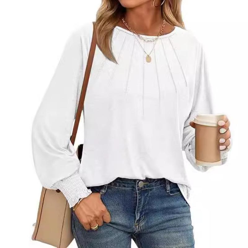 

Women s White Crew Neck Puff Sleeve Pleated Front Long-Sleeve Top S білий