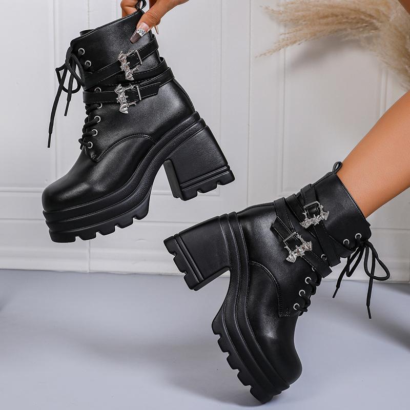 Fashion Punk Style Chunky Heel Ankle Boots for Women Fashion Buckle Strap Platform Shoes Woman Autumn Winter Black Gothic Combat Boots