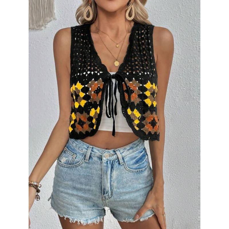 European and American Amazon Summer New V Neck Crocheted Cut Out Lace-up Short Crop Top Vest Top Vest Easiest for Match