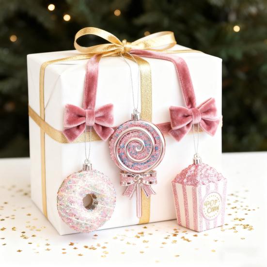 Christmas Ornament Sparkling Pink Series Ice Cream Doughnut Shape Hanging Pendant Farmhouse Xmas Decor