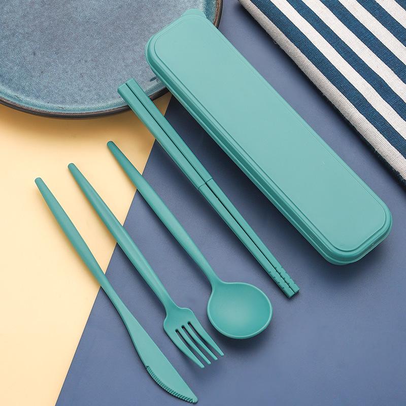 Portable Knife, Fork, Spoon and Chopstick Set for Outdoor Camping. Black Wheat Straw Tableware Set of Four Pieces.