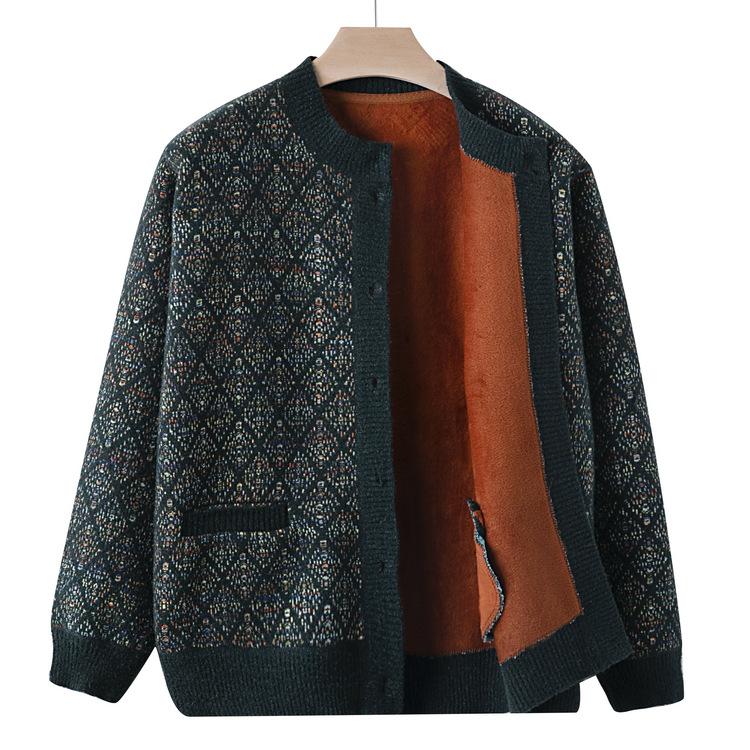 Middle-aged and Elderly People Autumn Clothes Plus Velvet Sweater Sweater Female Mother Autumn and Winter Cardigan Jacket Old Lady Grandma Clothes