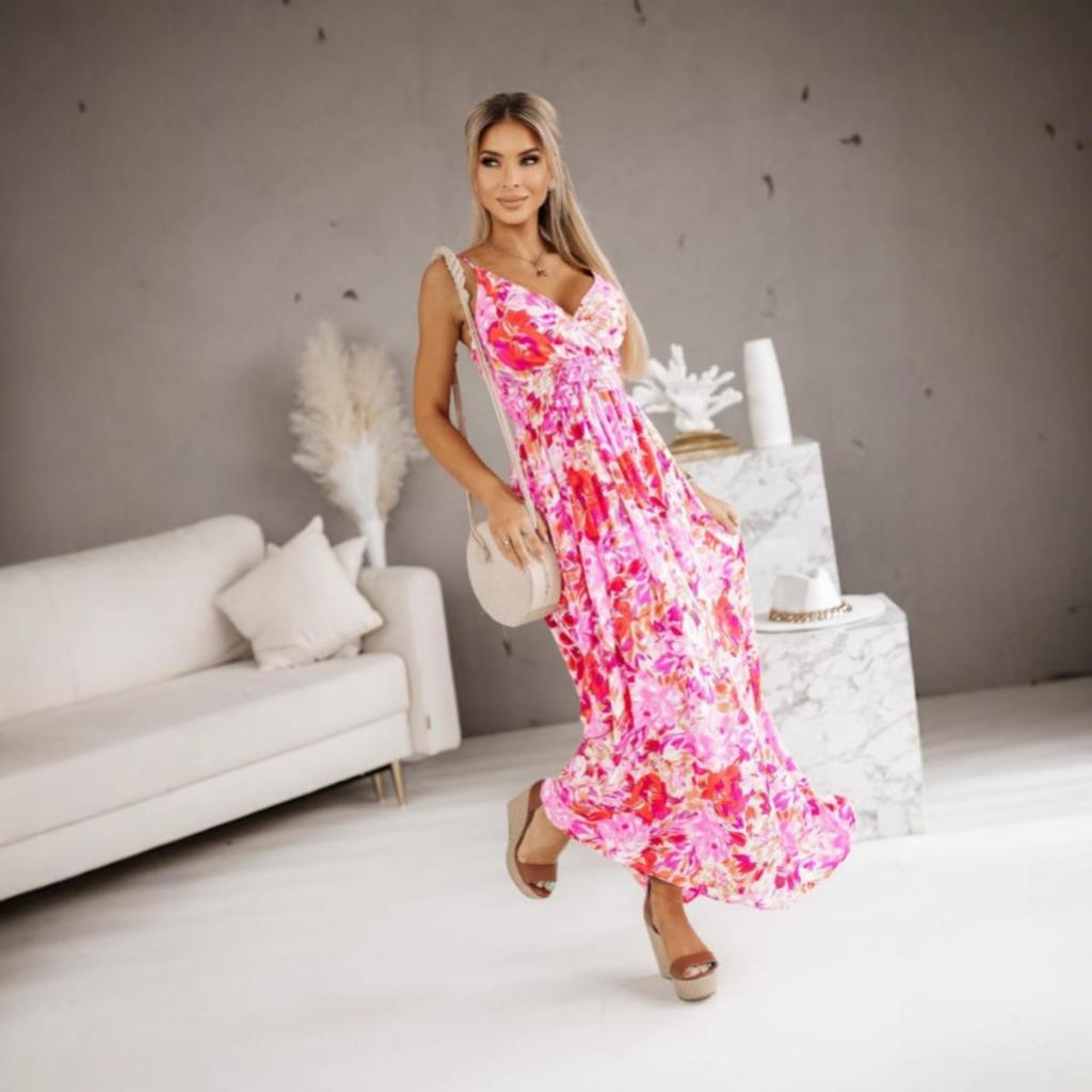 Summer V Neck Elastic Waist Printed Strappy Long Maxi Dress for Women European American Crossborder Women's Clothing