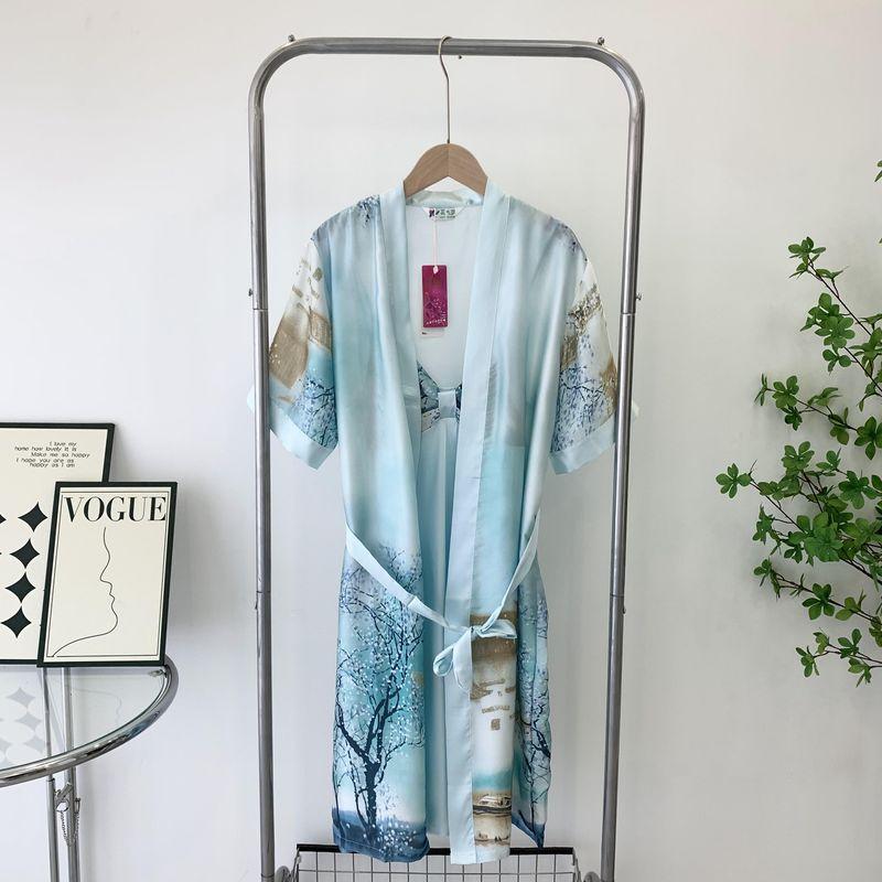 Japanese Style Kimono Pajamas Women's Summer Thin Ice Silk Short Sleeve Bathrobe Sexy Two-Piece Sling Homewear Can Be Outwear