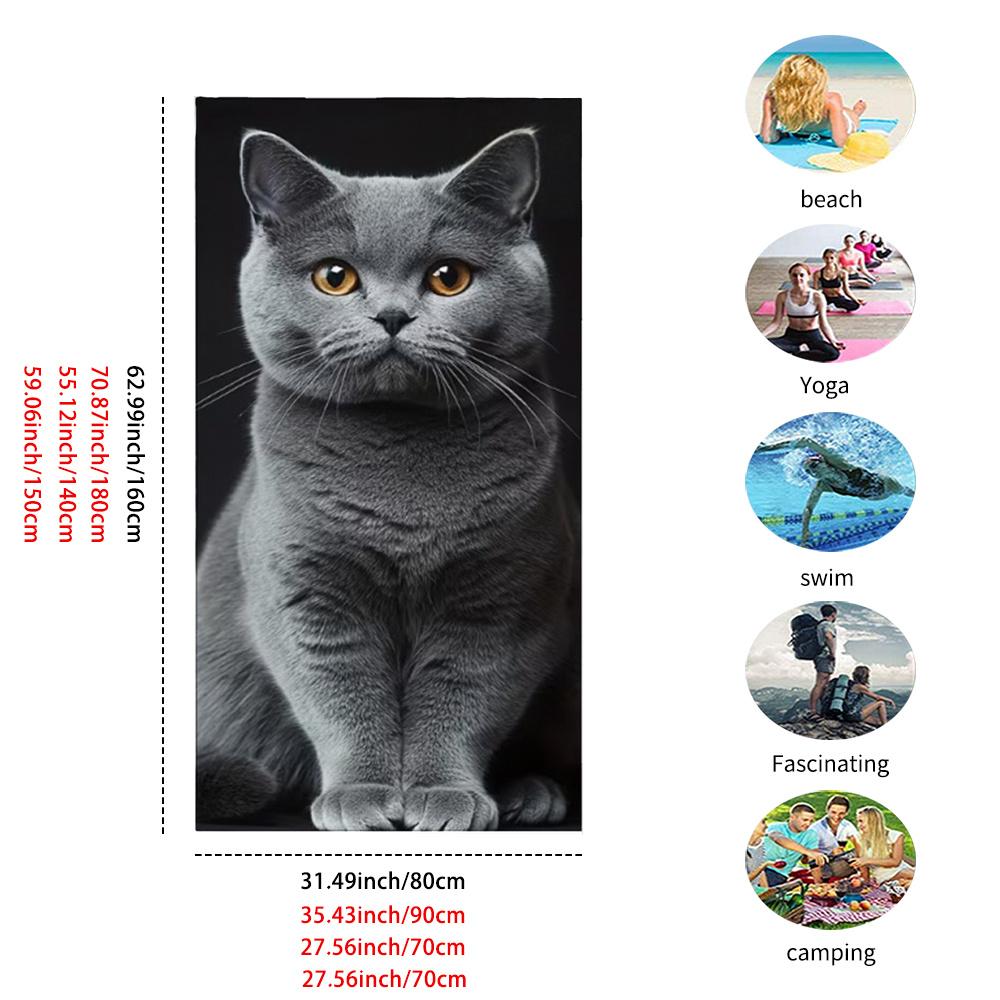 Custom Grey Cat Portrait Beach Towel Personalized Pet Print Soft Quick-Dry Large Bath Towel For Cat Lovers