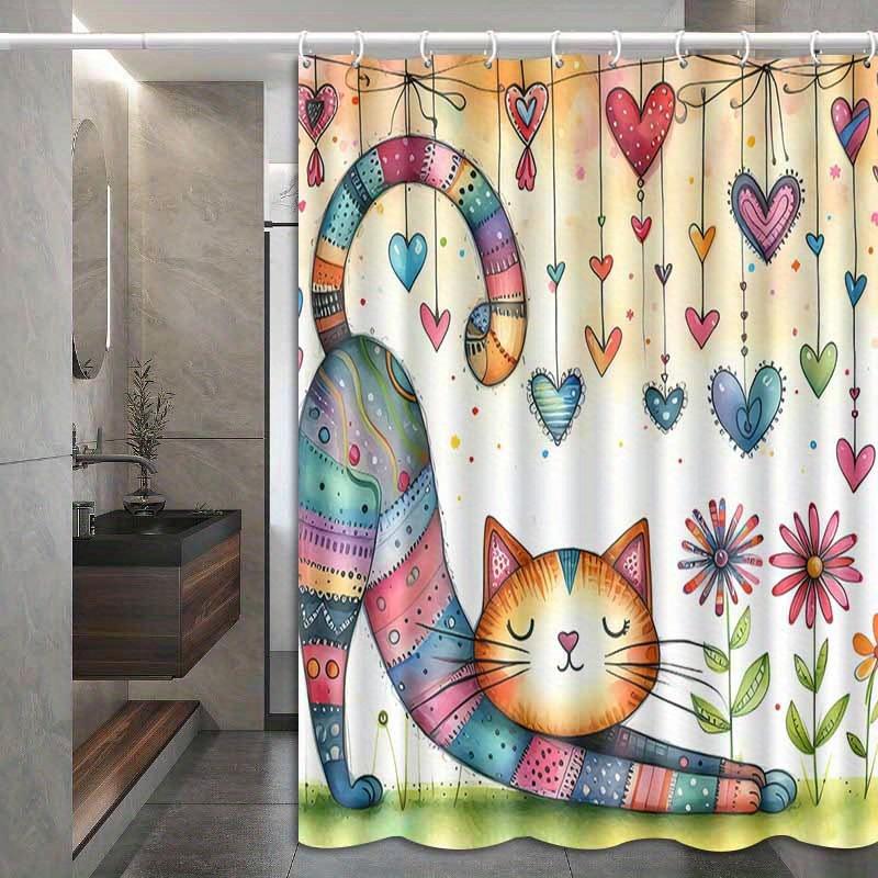 Colorful Patchwork Cat Shower Curtain - Creative Heart Design Area Art - Bathroom Decor Home Artistic Whimsical Cat Curtain