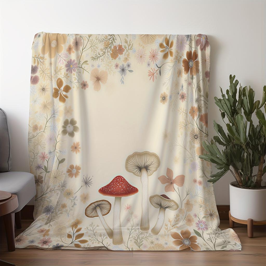 Vintage Mushroom & Foliage Flannel Blanket - Soft Warm All-Season Throw Suitable for Bed, Sofa, Car, Travel | Beige Multicolor Mushroom Print Bedsprea