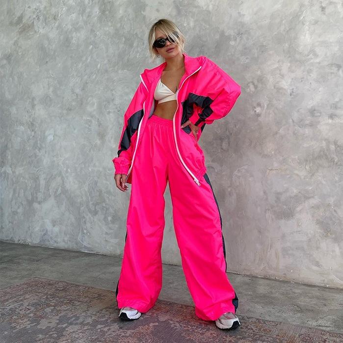 FLARORA Mode Color-Blocking 2-teilige Sets Damen Langarm Reißverschluss Lockere Jacken und Gerade Bein Hosen Outfits Street Trainingsanzüge