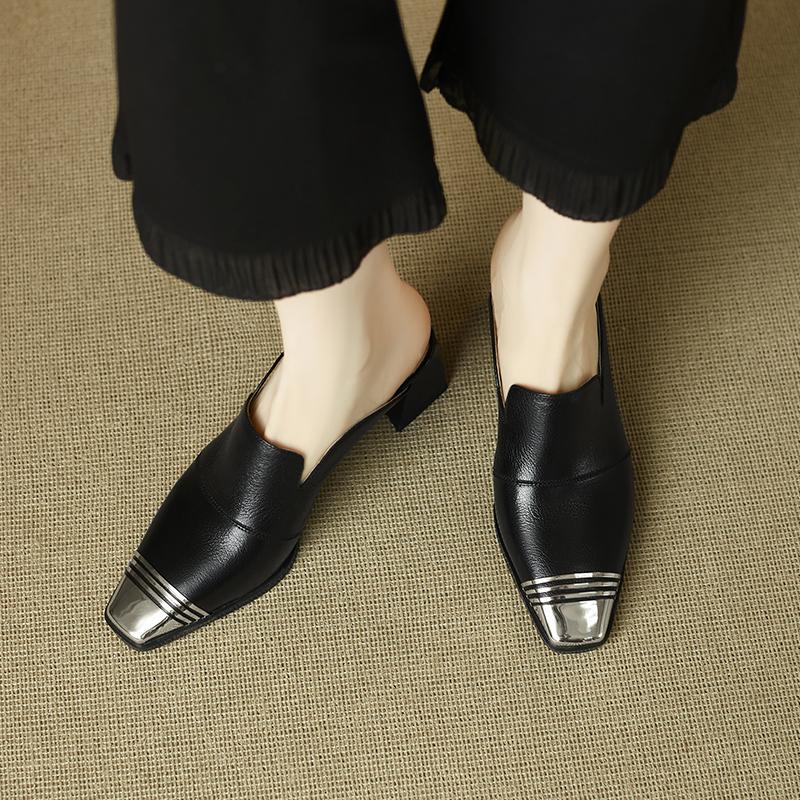 Fashion Women's Shoes 2025 New Summer Metal Headed Genuine Leather Cowhide High Heels Large Square Headed Retro Muller Slippers