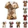 Damen V-Ausschnitt Drei-Taschen Kurzarm Retro-Print Uniform/Pflegekraft Oberteil Mit Schlitzen Am Saum