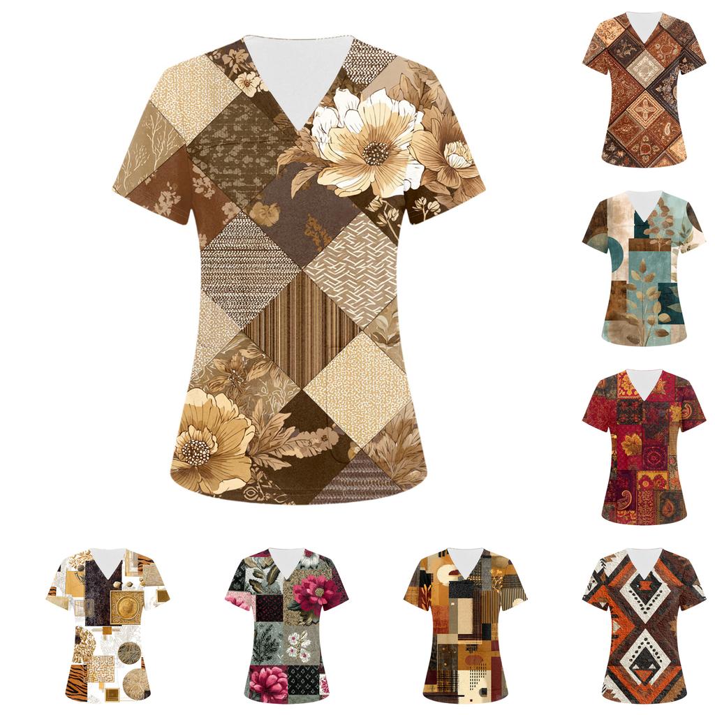 Damen V-Ausschnitt Drei-Taschen Kurzarm Retro-Print Uniform/Pflegekraft Oberteil Mit Schlitzen Am Saum