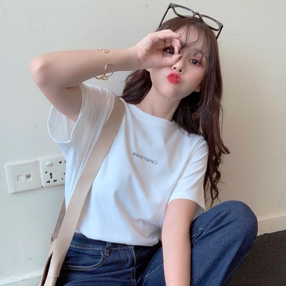 Kurzarm-T-Shirt für Damen Sommer 2025 Neues Koreanisches Lockeres Oberteil mit Buchstabenaufdruck Halbarm-Pullover