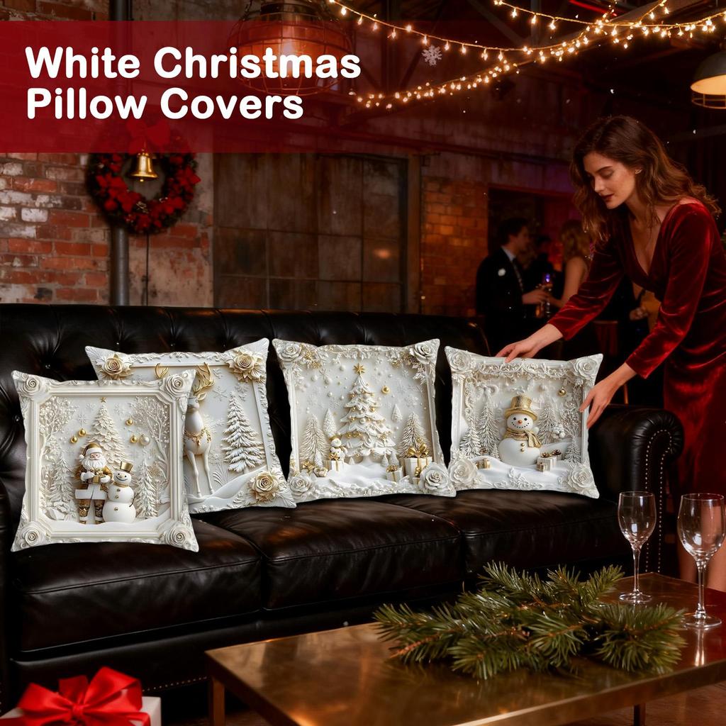 White Christmas Theme Pillow Covers 4 Pieces 18x18 Inch Snowflake Decorations Christmas Throw Pillow Case For Chair Couch Sofa