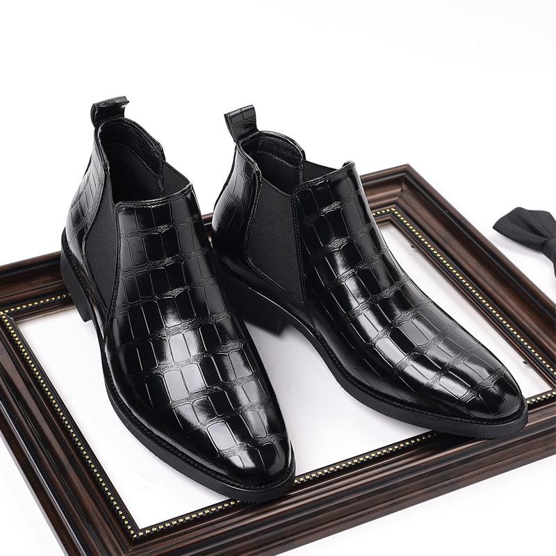 Q88 Chelsea boots men's British style fashion pointed retro crocodile pattern hair stylist casual high-top leather shoes tide