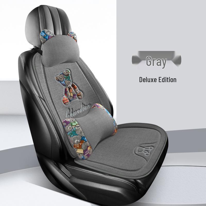 Four Seasons Universal Linen Car Seat Cushion - Cartoon Bear, Breathable, Half-Wrap Rear Seat Cover