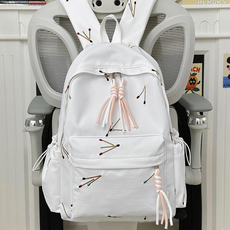Matchstick Print Backpack for Women and Girls Fashion School Travel Daypack with Tassel Detail