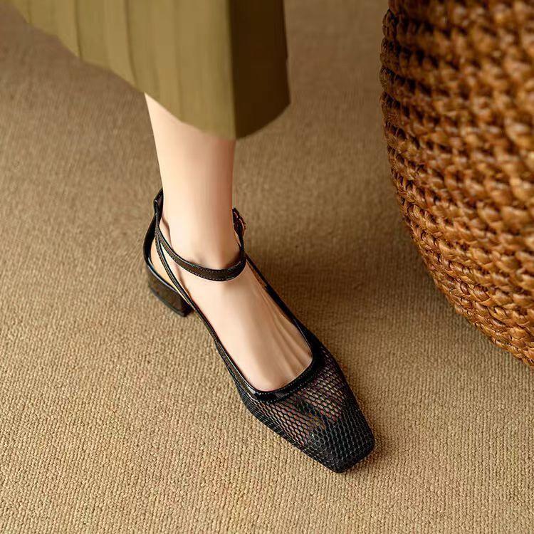 Fashion Comemore Summer Sandals Cover Toe Mesh Sandals for Women Chunky Heels Sandals Fashion Hollow Out Ladies Shoes Office Women Shoes