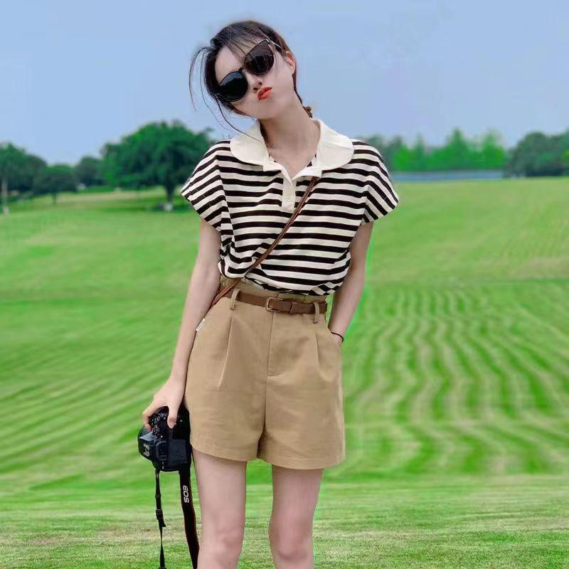 Summer Salt Mature Tea Outfit: Slimming Age-Reducing Top & Shorts Set for Women S