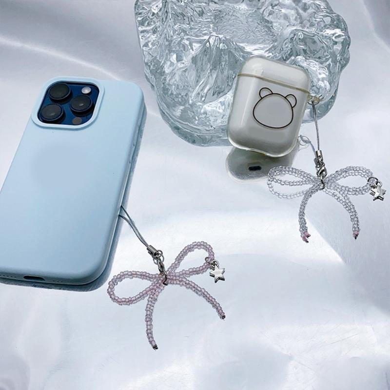 Beaded Bowknot Star Hanging Pendant Sweet Phone Strap Bag Decoration Portable Hanging Lanyard Gift for Girls Women