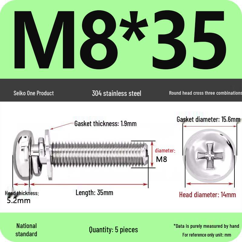 304 Stainless Steel Phillips Round Head Screw with Flat Washer M3/M4/M5/M6