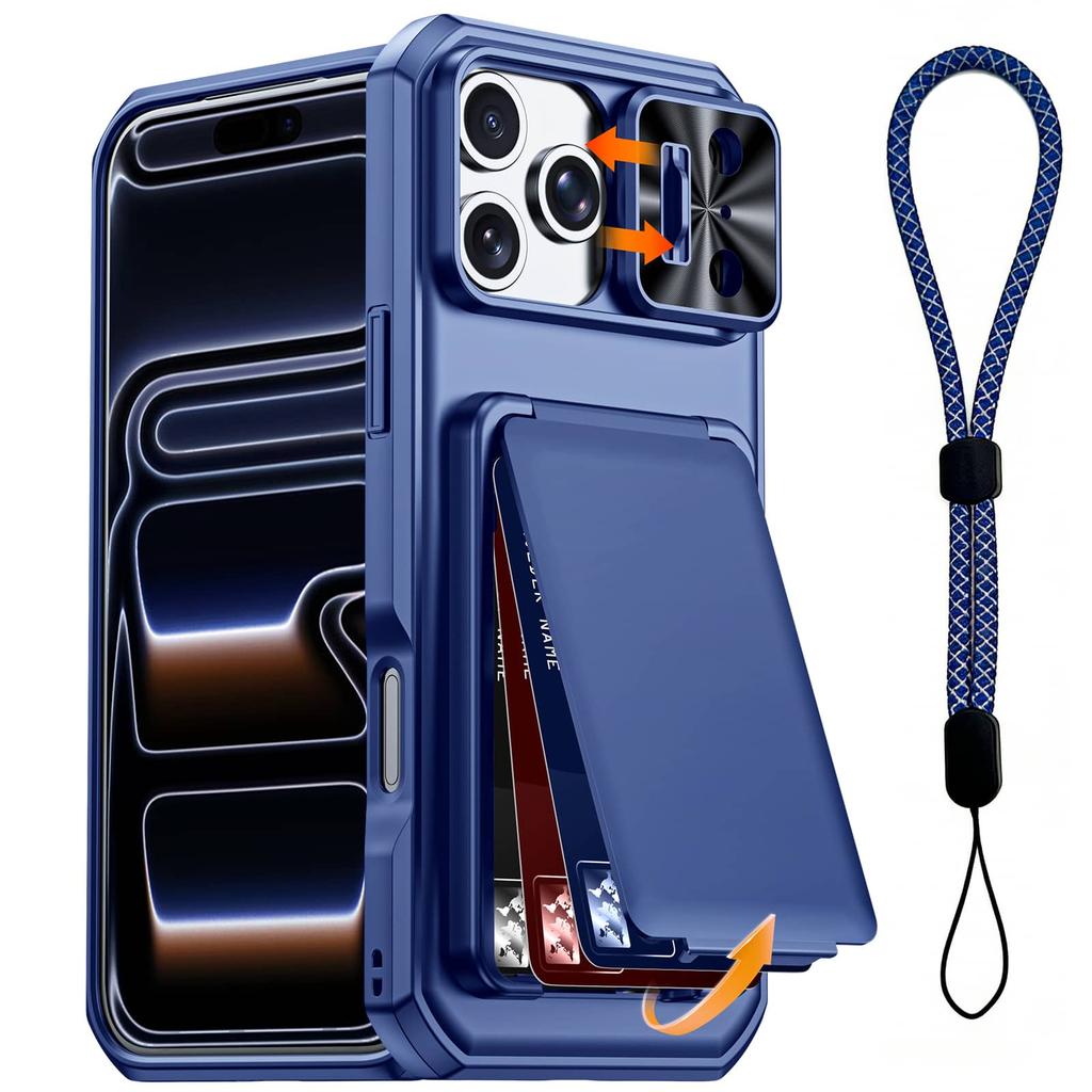 WEFOR Case for iPhone 17 16 15 Pro Max Wallet Card Holder 3-4 Cards Kickstand Slide Camera Cover Wrist Strap Rugged Shockproof