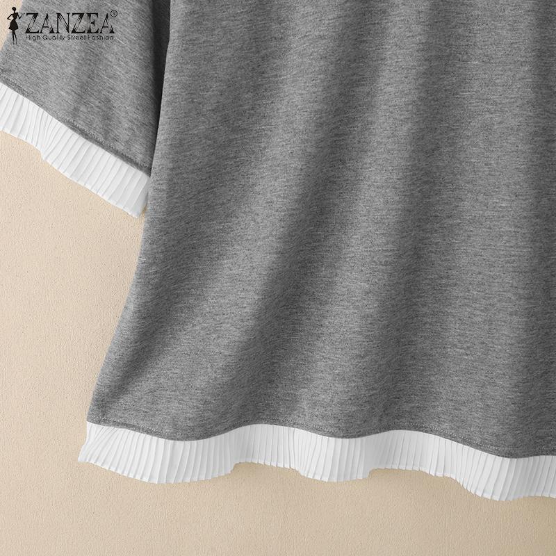 ZANZEA Women Round Neck Short Sleeve Ruffled Patchwork Solid Color Casual Blouse