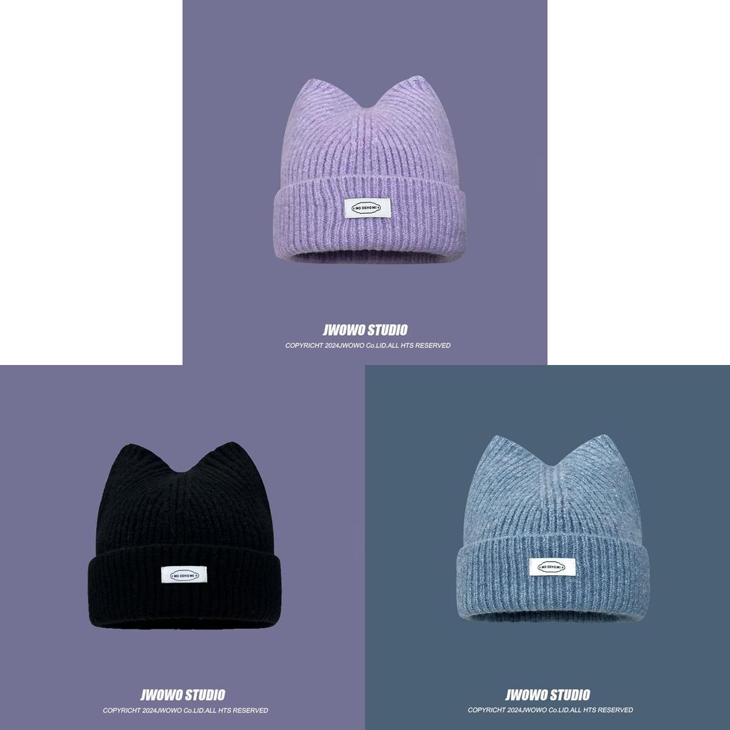 Knitted Cat Ear Letter Beanie Hat For Women Winter Warmth Casual Style