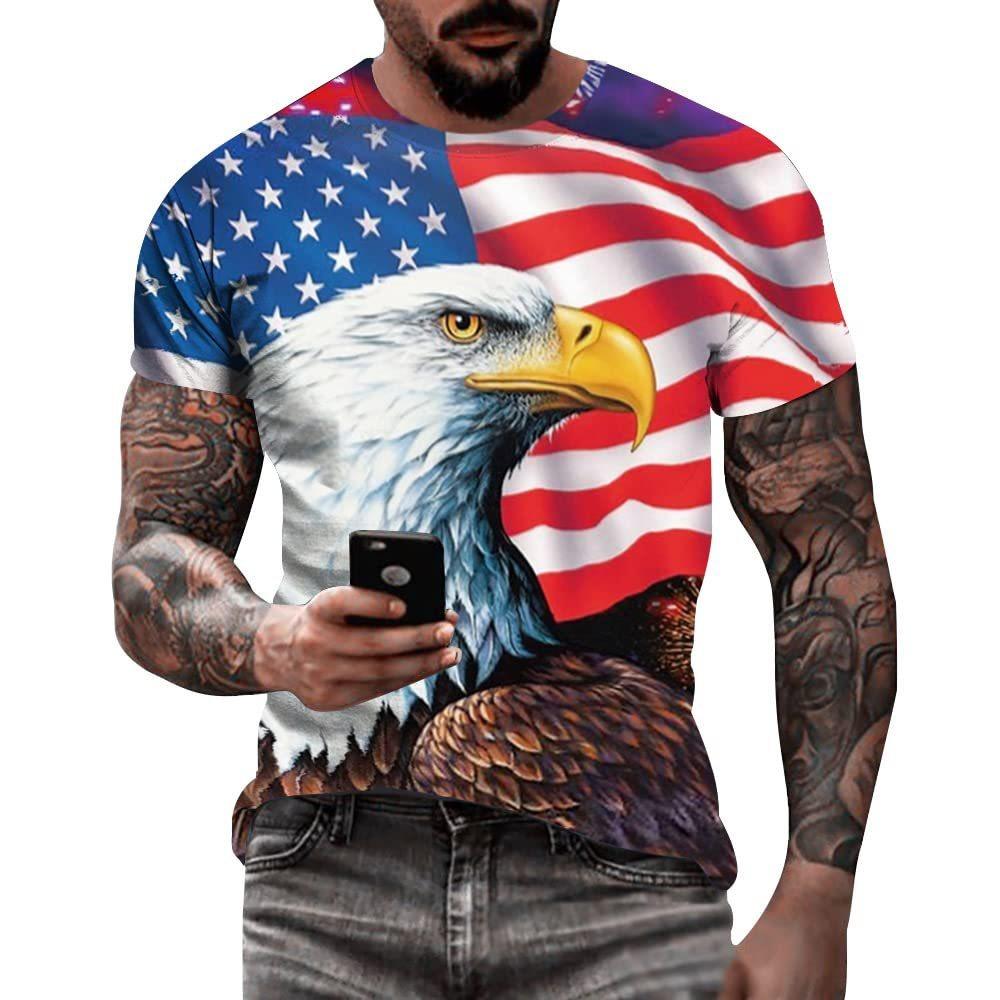 Flag and Eagle Pattern 3D Digital Printing Men's Fashionable Round Neck Short Sleeved T-shirt