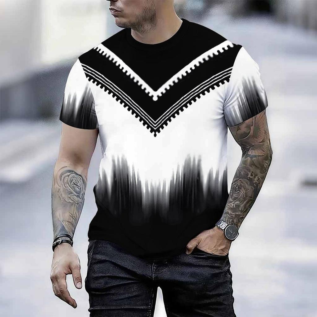 Women Short Sleeve Crew Neck T Shirt White Red Gradient Vertical Line Dot Abstract Print Top