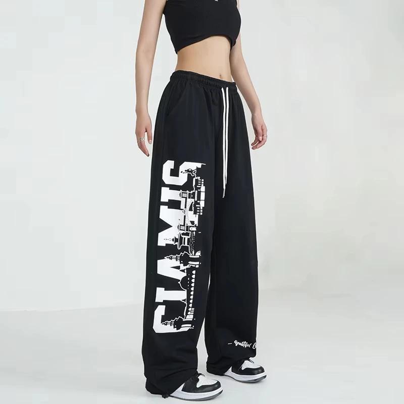 Ležérní sportovní kalhoty s vysokým pasem, oversized, dámské, americký styl, volný střih, tenké, příjemné na nošení