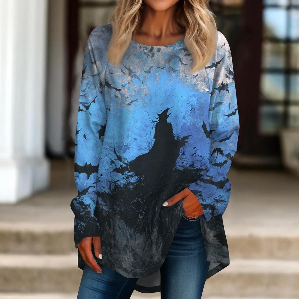 Women's Loose Fit Neck Halloween Print Long Sleeve Tunic Top