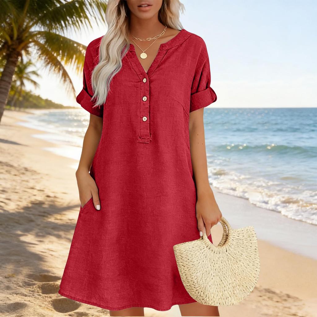 Womens V Neck Button Down Short Sleeve Loose Fit Linen Tunic Dress with Pockets Casual Summer Dress