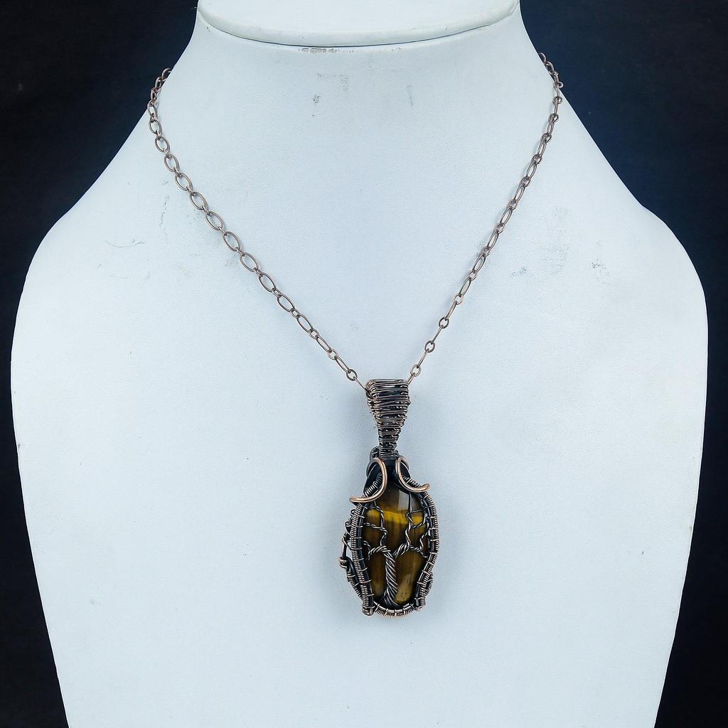 Tigeröga 999 koppartrådslindat hänge, handgjort ädelstenshänge, present till mamma antika smycken