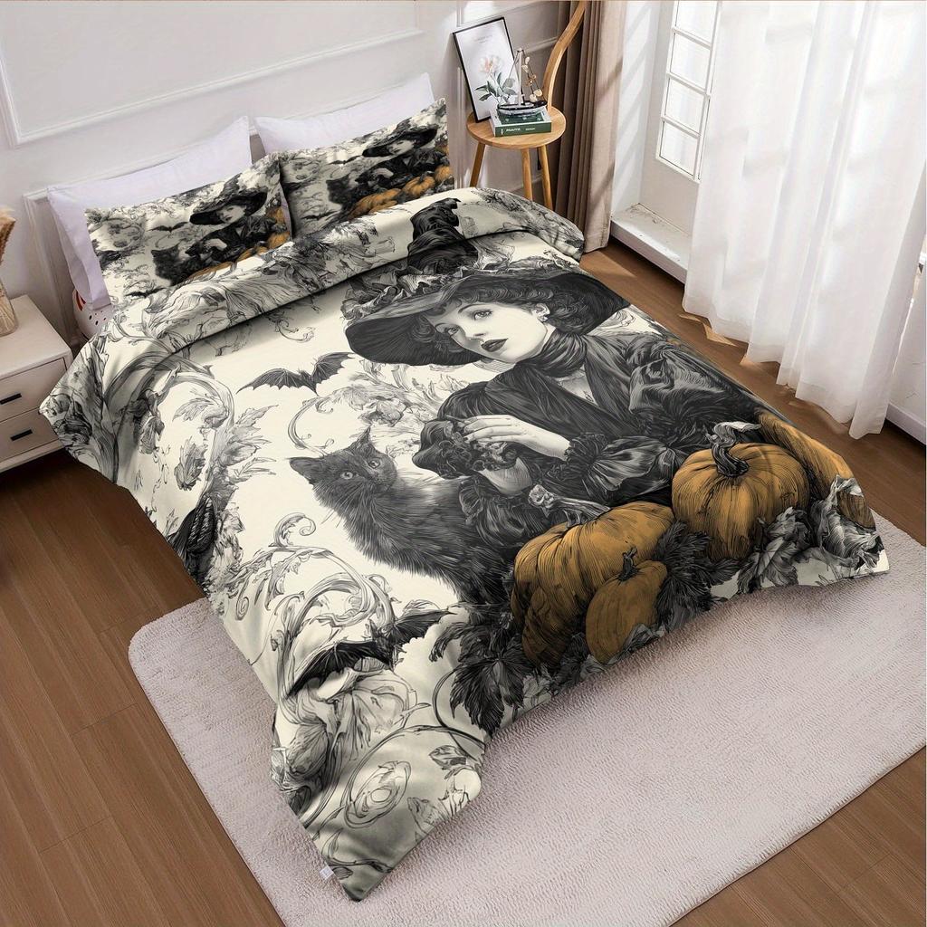 3pcs Halloween Pumpkin Monster Duvet Cover Set without Core Quilt Cover with 2 PillowcasesSoft and Machine Washable Duvet Cover