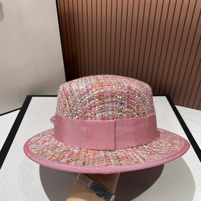 Socialite Delicate And Style European Elegant Pearl Flat Top Jacquard Hat Pink Tweed Top Hat Fashionable Womens Party Top Hat