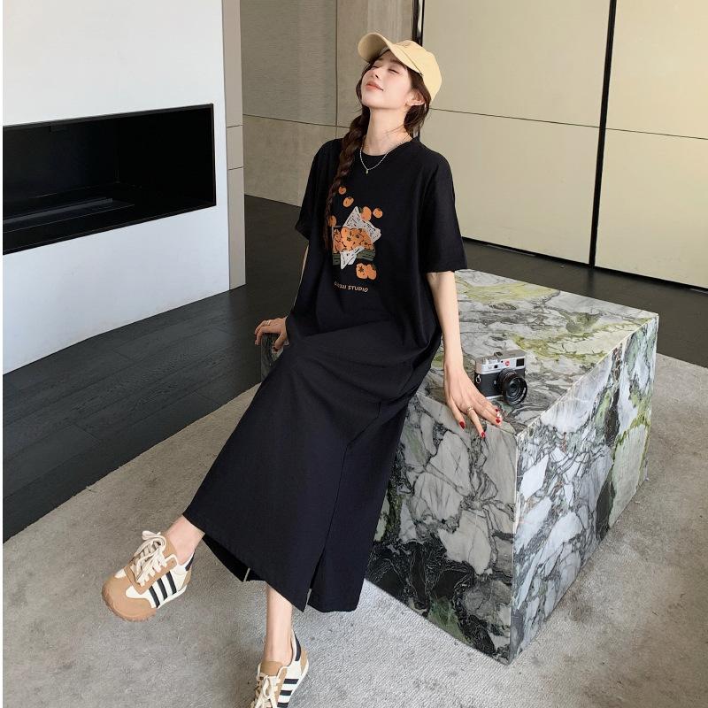Lazy Wind Korean Short-sleeved Dress Women's Clothing Summer Loose and Thin Straight Casual Round Neck Long T-shirt Skirt