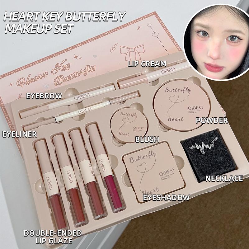 Make-up Cadeaubox Vlinder Strik Hart Beperkte Editie Lippenstift Poeder Blusher Oogschaduw Make-up Cadeaubox Set en Ketting Cadeaus voor Vrouwen gray