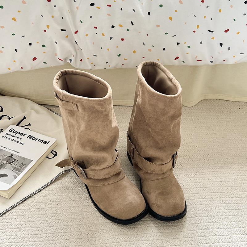 Fashion Vintage Thick Heel Women Western Cowboy Boots Fashion Belt Buckle Slip On Shoes Ladies Pleated Short Booties Autumn Winter