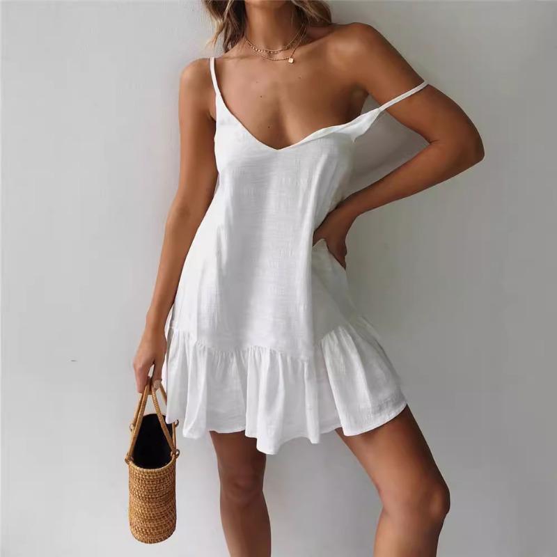 women v-neck ruffle hem slip dress sleeveless casual solid color mini dress S белый