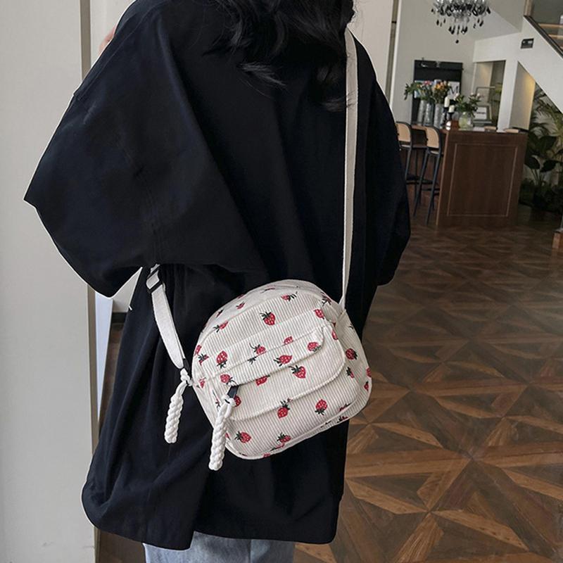 Cute Strawberry CorduroyShoulder Bag Casual Zipper Trendy Crossbody Bag Tote Handbag for Women Girls Travel Work Messenger Bag CLE