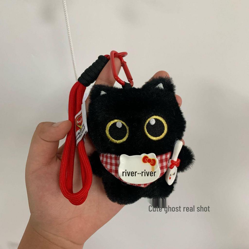 Inspired Red Plaid Bib Black Cat Plush Doll Keychain with Cute Kitten Pendant