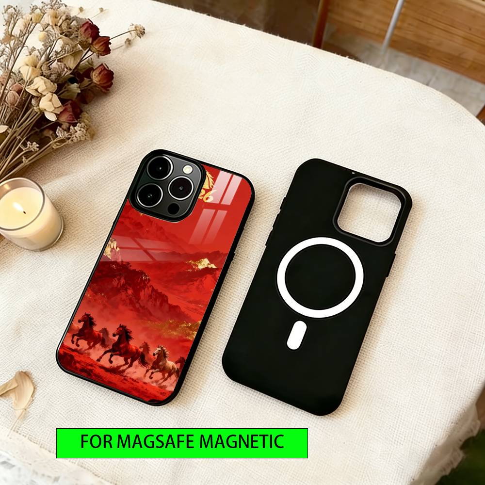 

Golden Horse Phone Case For iPhone17,16,15,14,13,12,11 Plus,Pro Magnetic For Magsafe Wireless Charging iPhone14