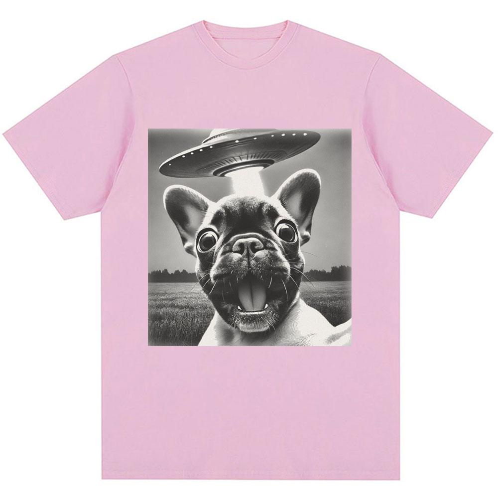 Francouzský buldoček UFO Vtipný meme Grafické tričko Vintage móda Muži Ženy Krátký rukáv Nadměrná velikost Bavlna Letní trička Streetwear